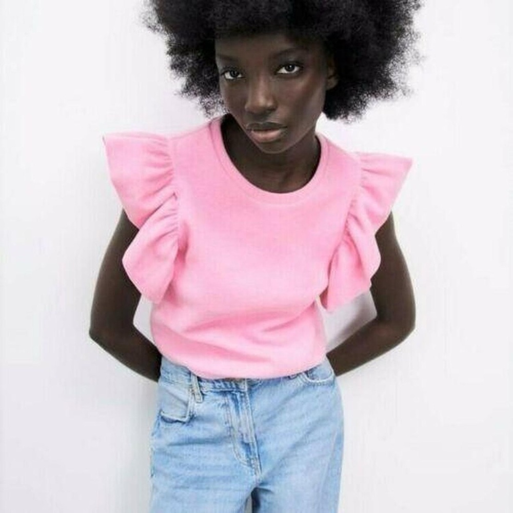 Zara Bright Pink Ruffle Crop Sweater Top S
